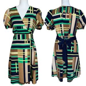 The Webster Miami Multicolor Geo Print Wrap Dress Puff Sleeves & Tie Back Size M
